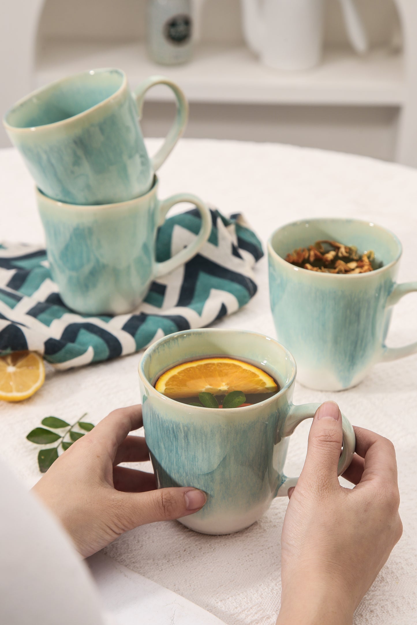 4-Piece Stoneware Mug Set in Aqua Blue