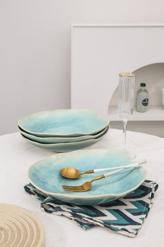 4-Piece Stoneware Deep Plate Set in Aqua Blue