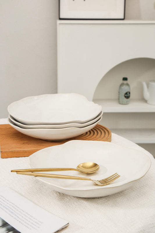 4-Piece Stoneware Deep Plate Set in Pearl White