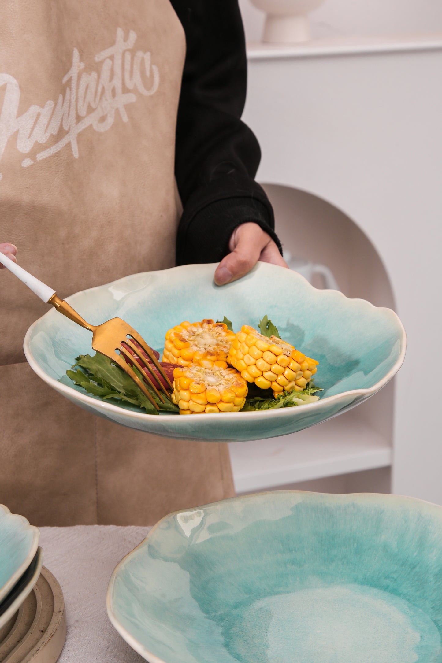 4-Piece Stoneware Deep Plate Set in Aqua Blue