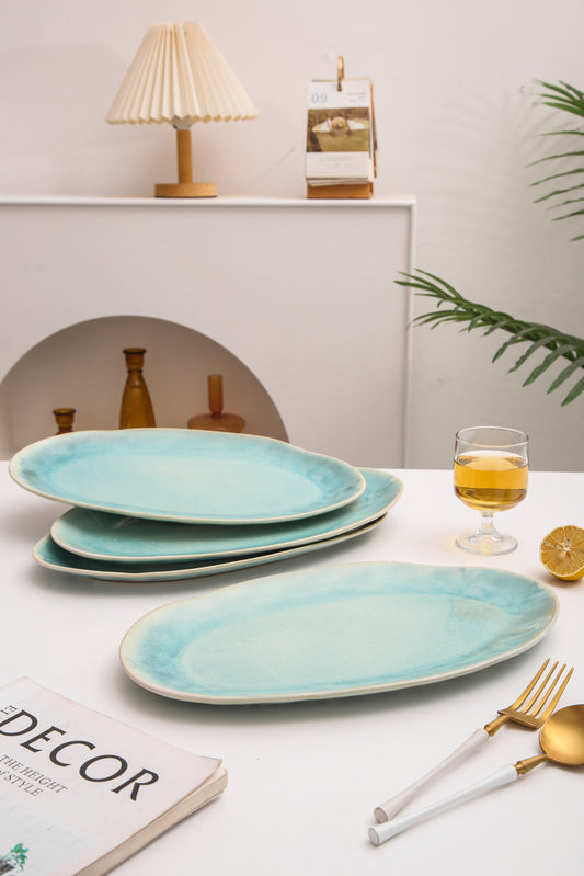 3-Piece Stoneware Serving Platter Set in Aqua Blue