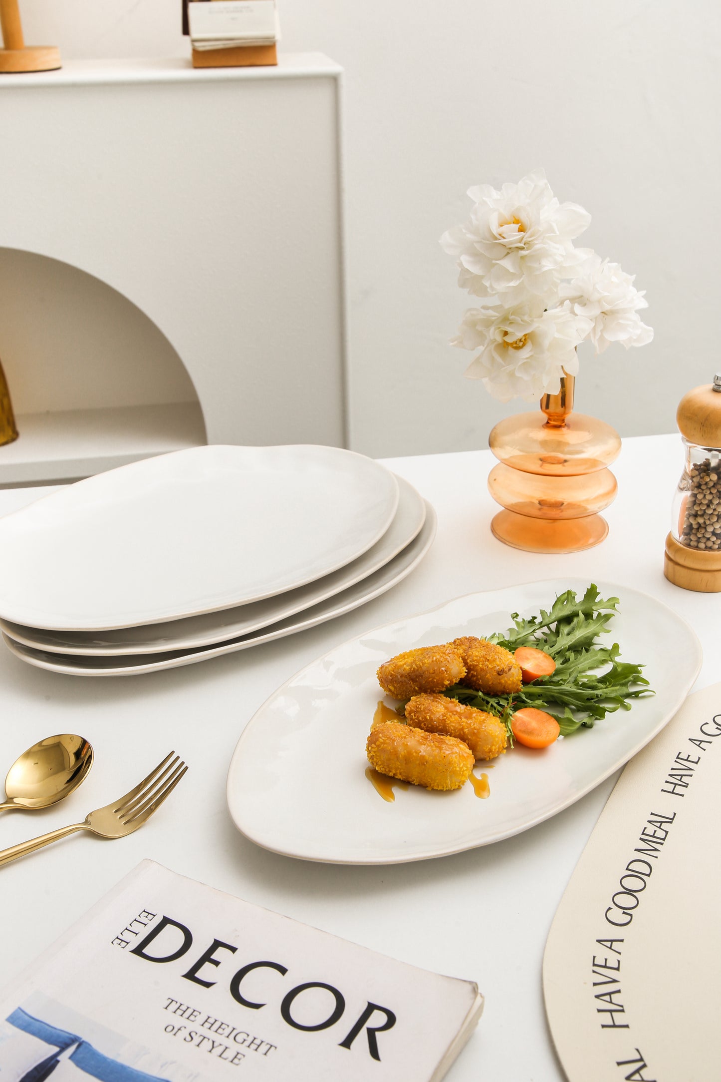 3-Piece Stoneware Serving Platter Set in Pearl White