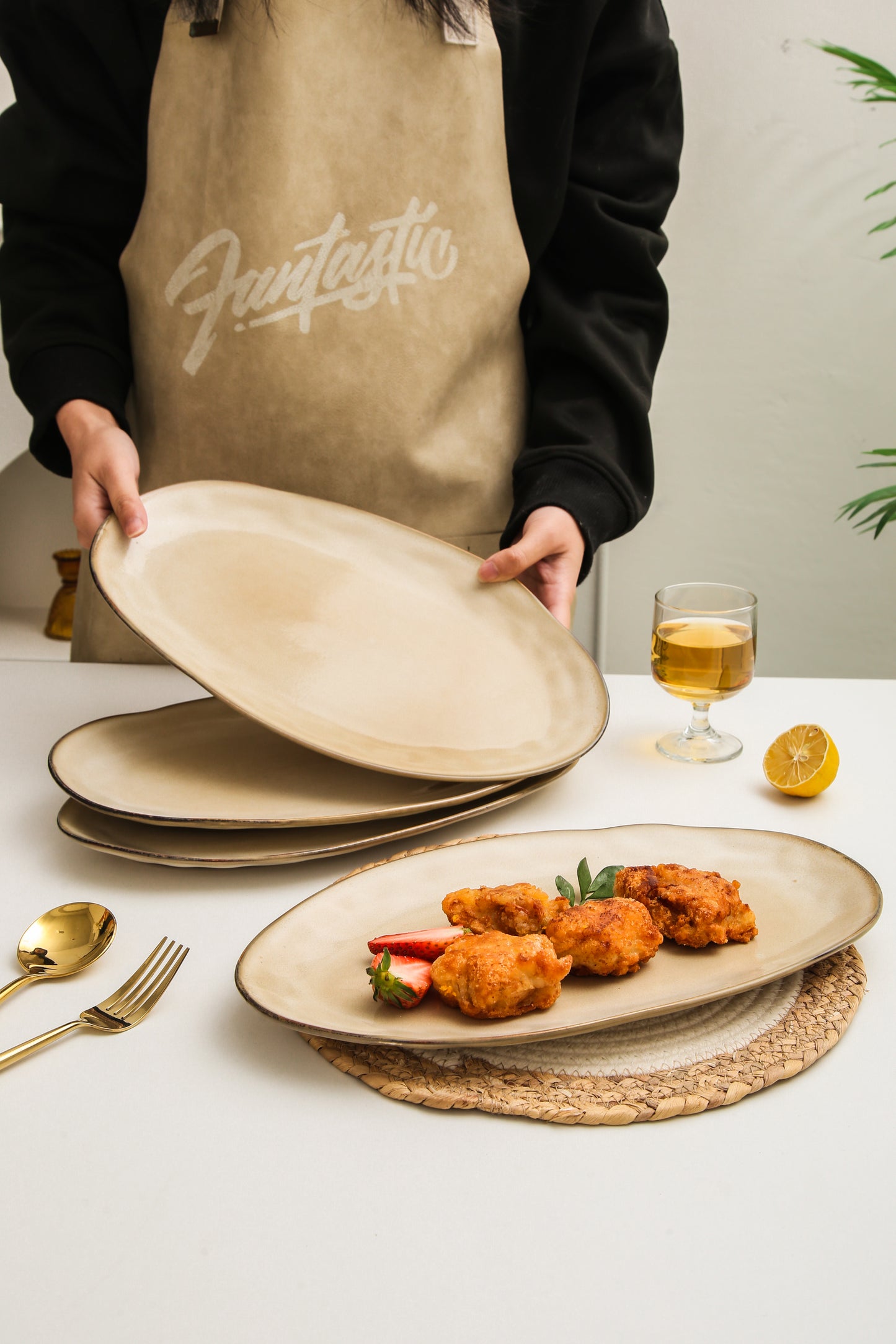 3-Piece Stoneware Serving Platter Set in Crema