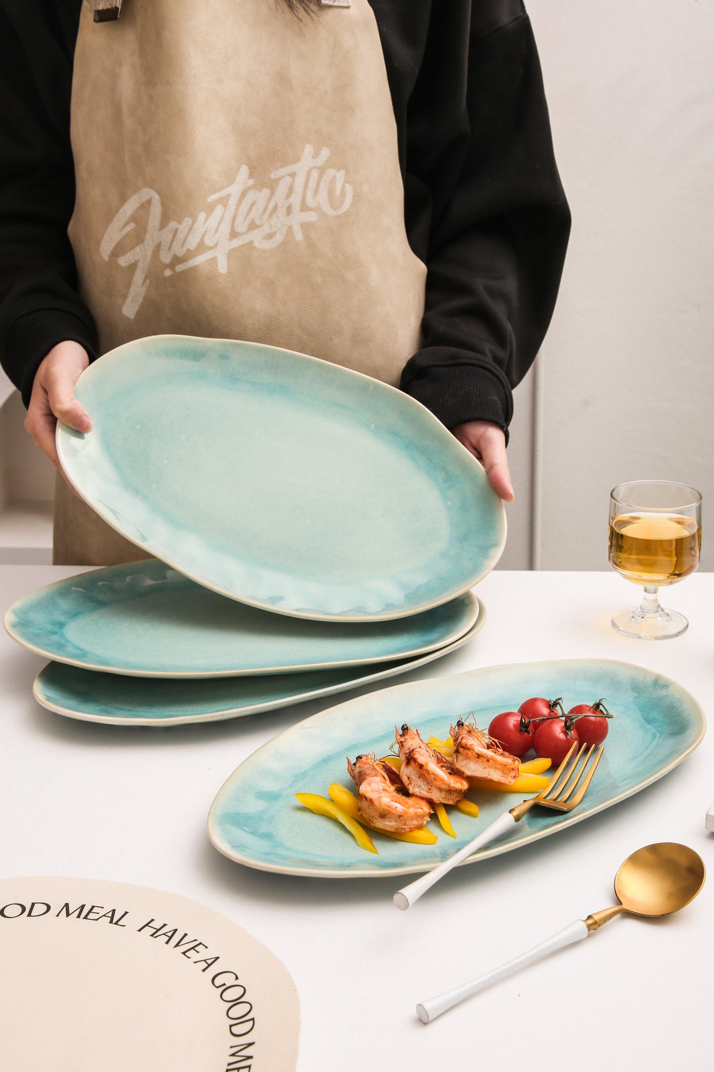 3-Piece Stoneware Serving Platter Set in Aqua Blue