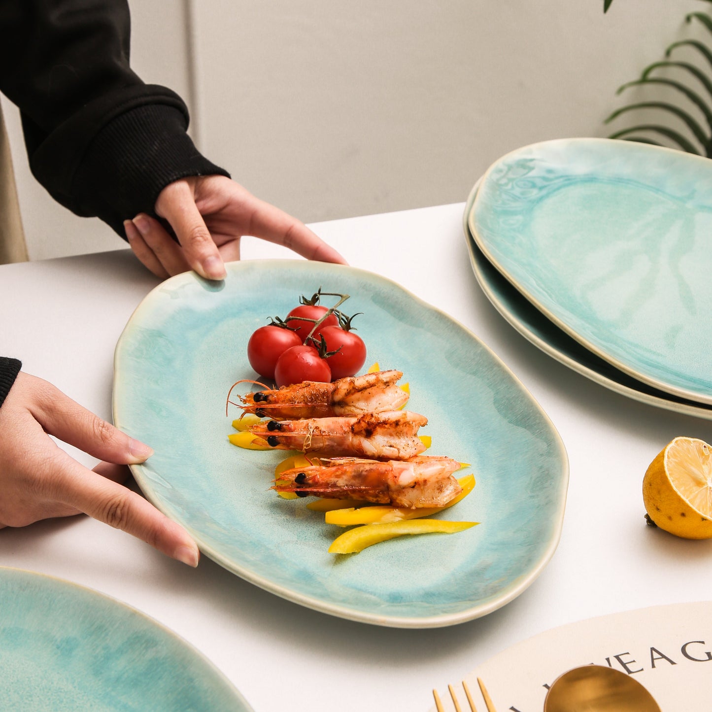 3-Piece Stoneware Serving Platter Set in Aqua Blue