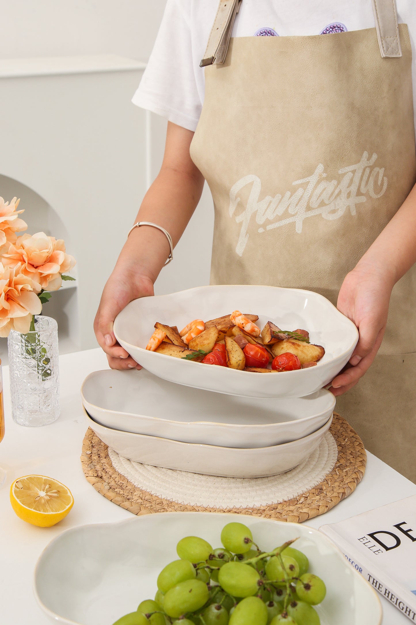 4 pcs Stoneform Oval Plate-Pearl White