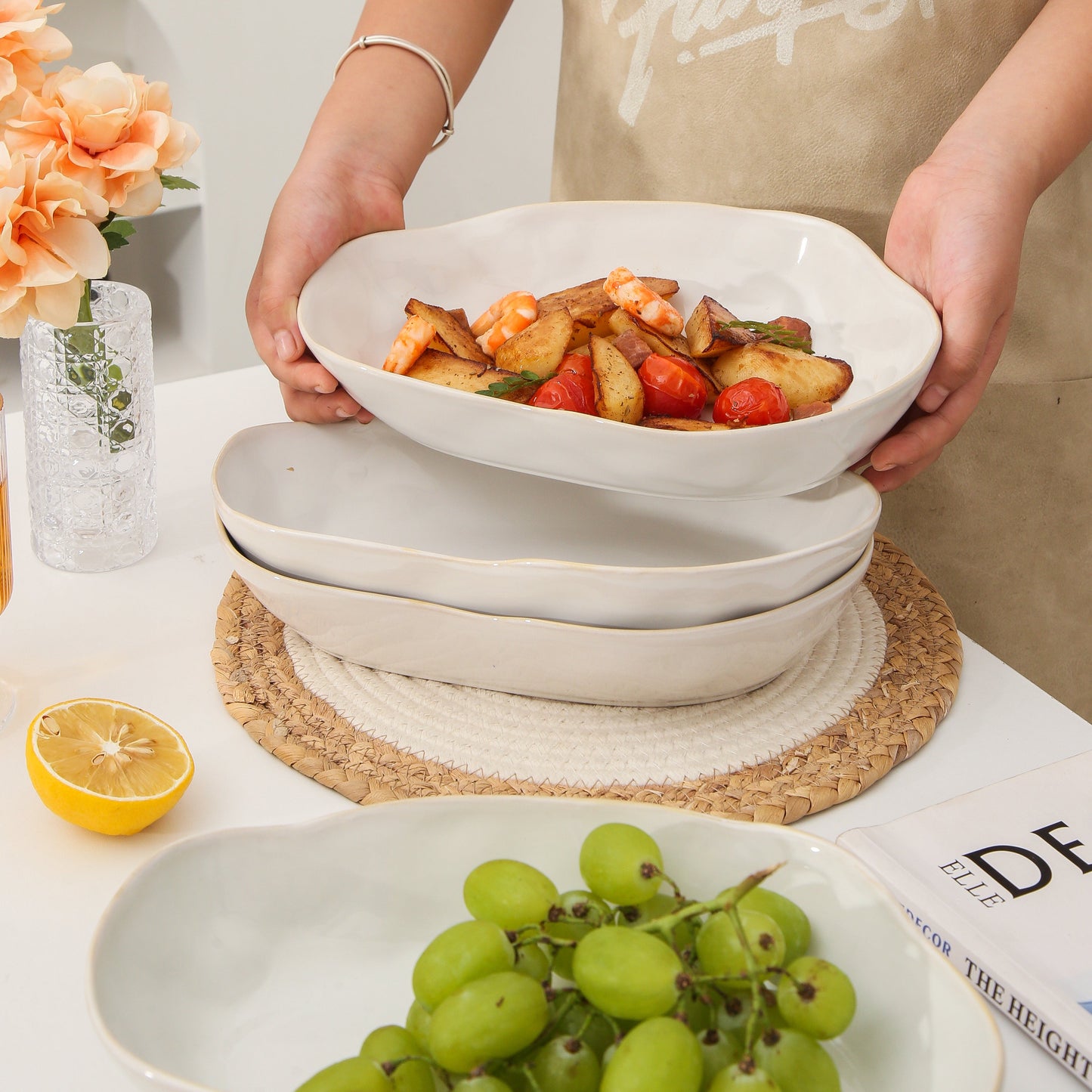 4 pcs Stoneform Oval Plate-Pearl White