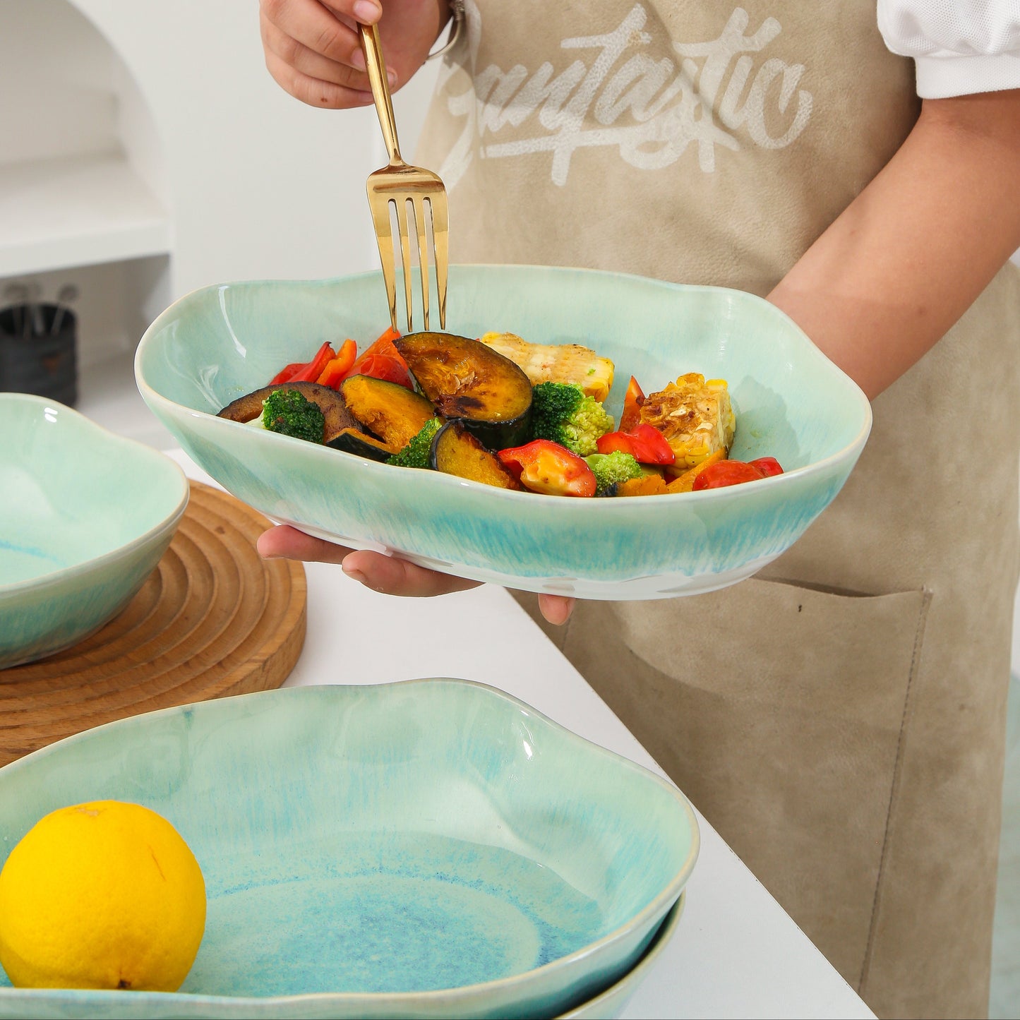 4 pcs Stoneform Oval Plate-Aqua Blue