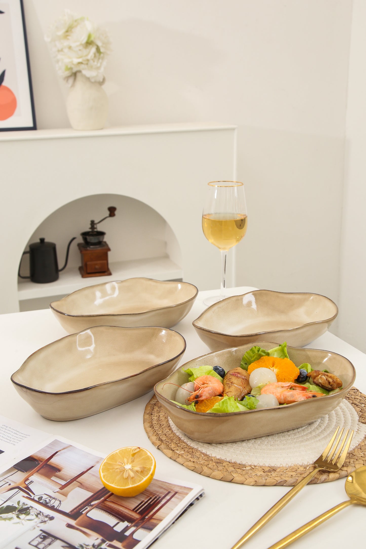 4 pcs Stoneform Oval Plate-Crema