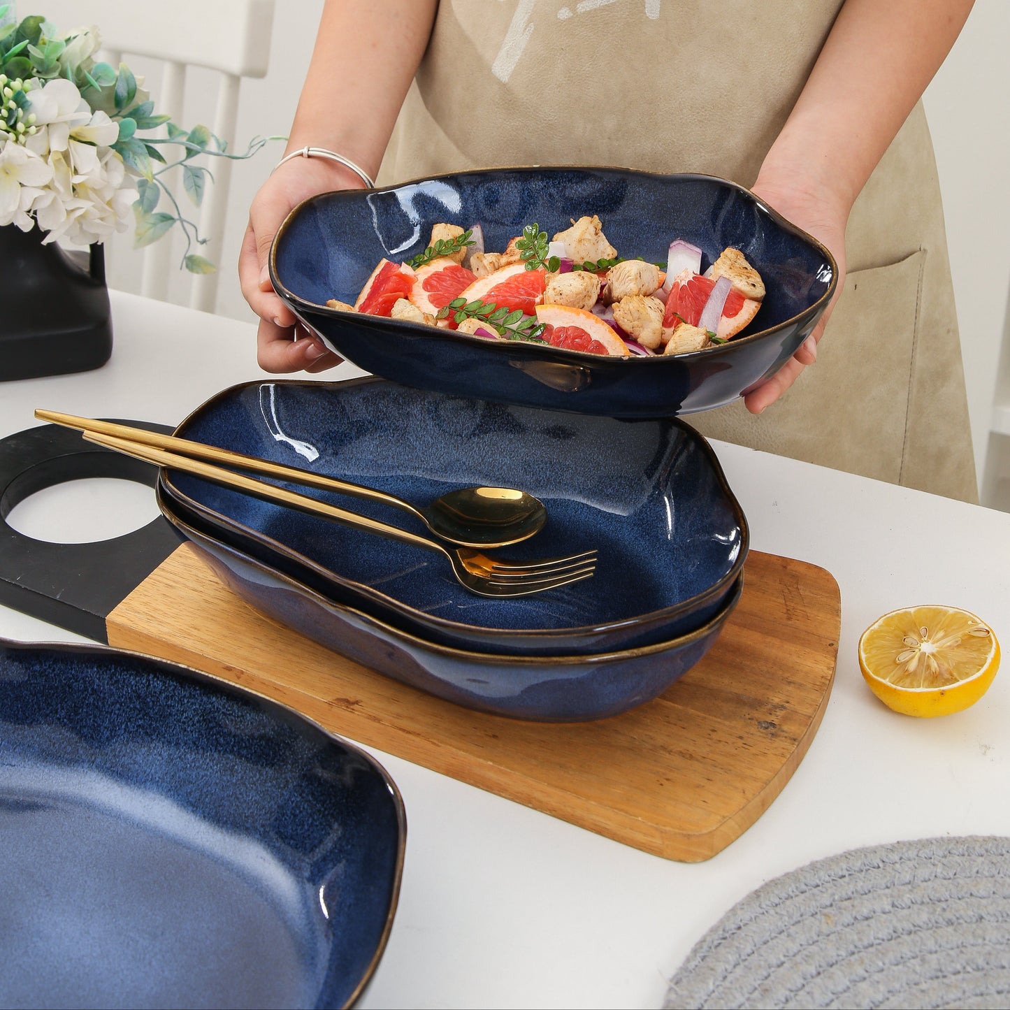 4 pcs Stoneform Oval Plate-Ocean Blue