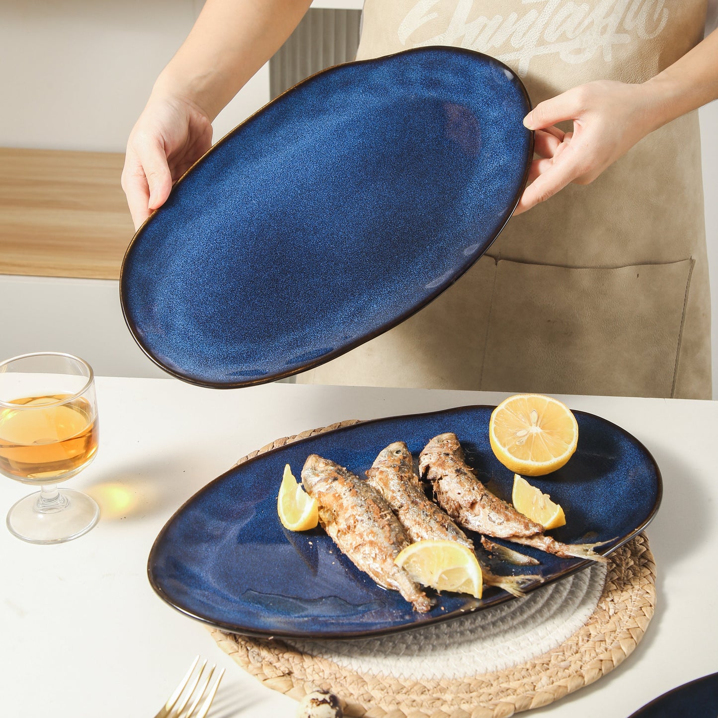 3-Piece Stoneware Serving Platter Set in Ocean Blue