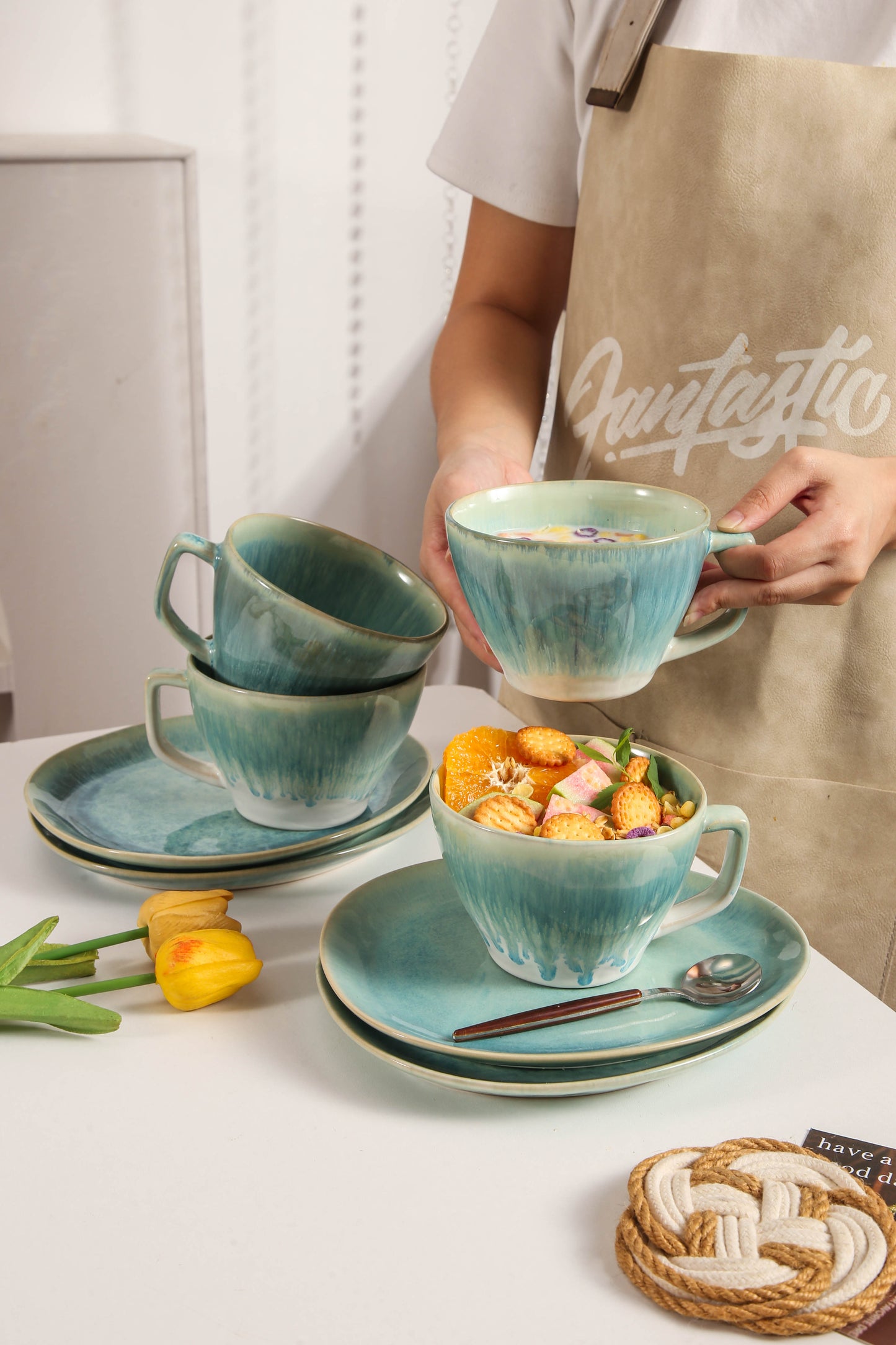 8-Piece Large Cup & Saucer Set-Aqua Blue