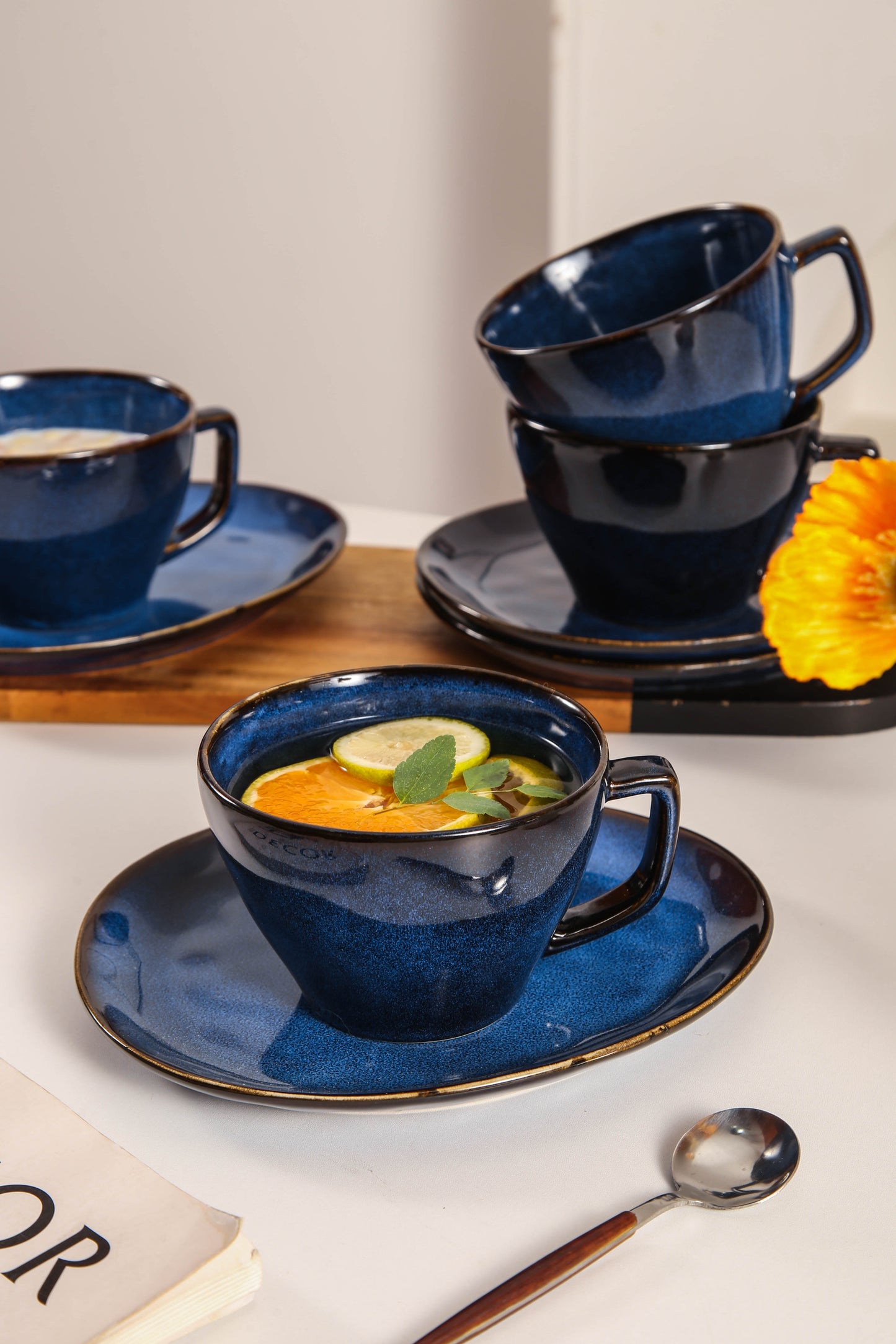 8-Piece Large Cup & Saucer Set-Ocean Blue