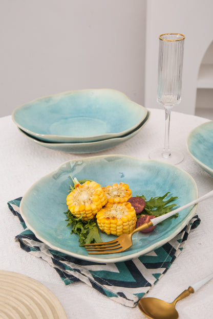 4-Piece Stoneware Deep Plate Set in Aqua Blue