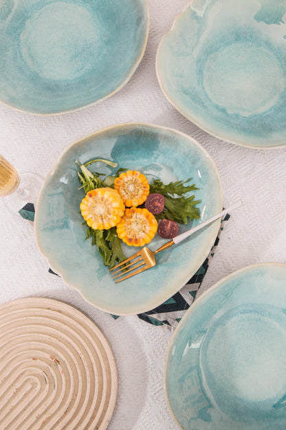 4-Piece Stoneware Deep Plate Set in Aqua Blue