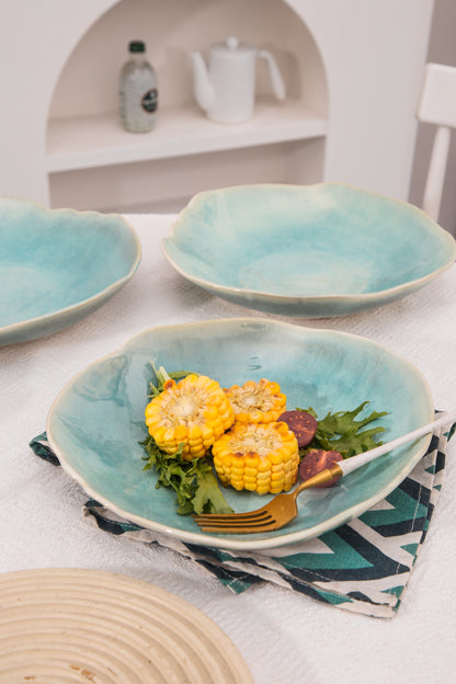 4-Piece Stoneware Deep Plate Set in Aqua Blue