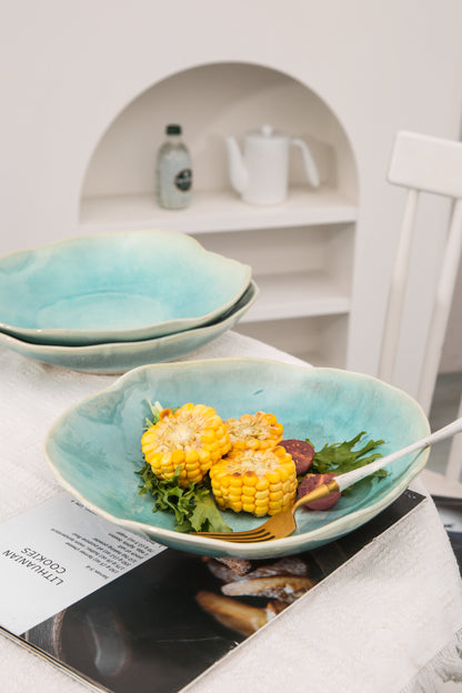 4-Piece Stoneware Deep Plate Set in Aqua Blue