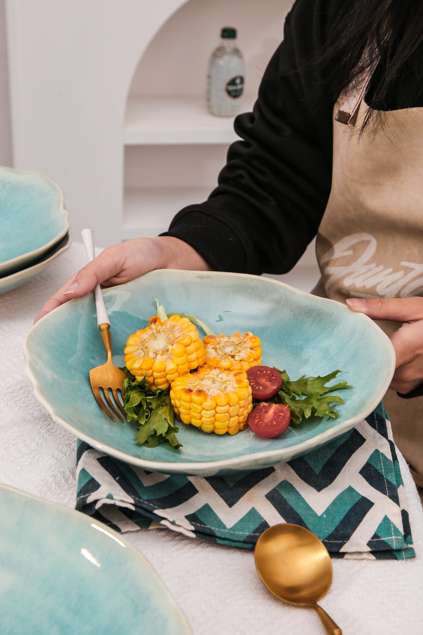 4-Piece Stoneware Deep Plate Set in Aqua Blue