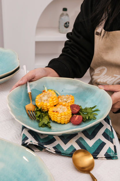 4-Piece Stoneware Deep Plate Set in Aqua Blue