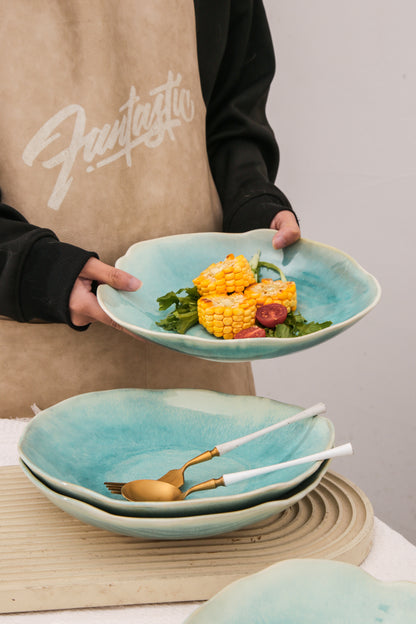 4-Piece Stoneware Deep Plate Set in Aqua Blue