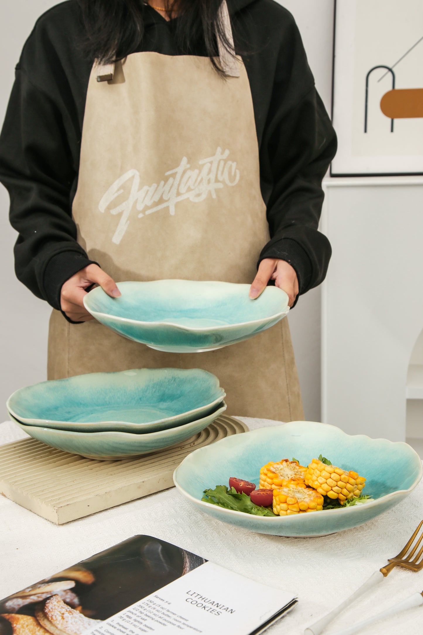 4-Piece Stoneware Deep Plate Set in Aqua Blue