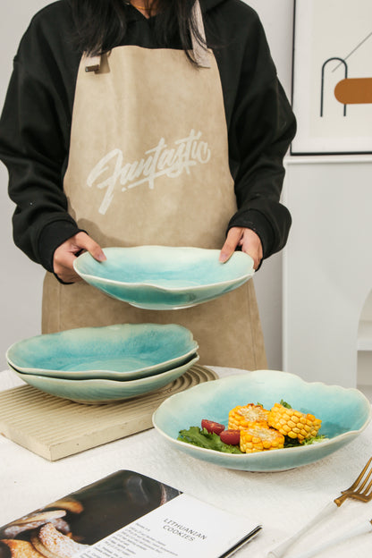 4-Piece Stoneware Deep Plate Set in Aqua Blue