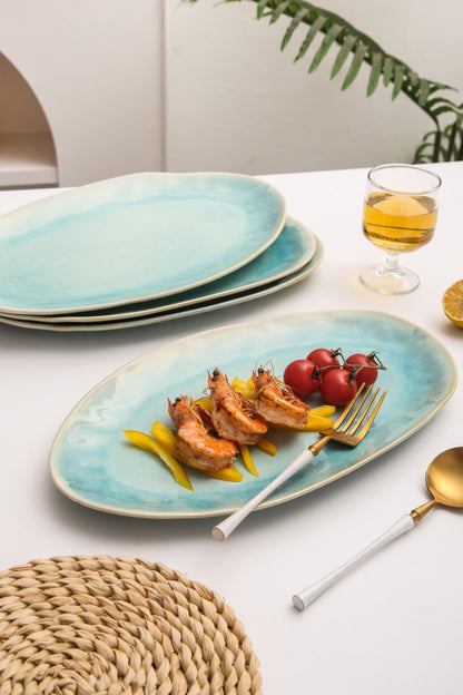 3-Piece Stoneware Serving Platter Set in Aqua Blue