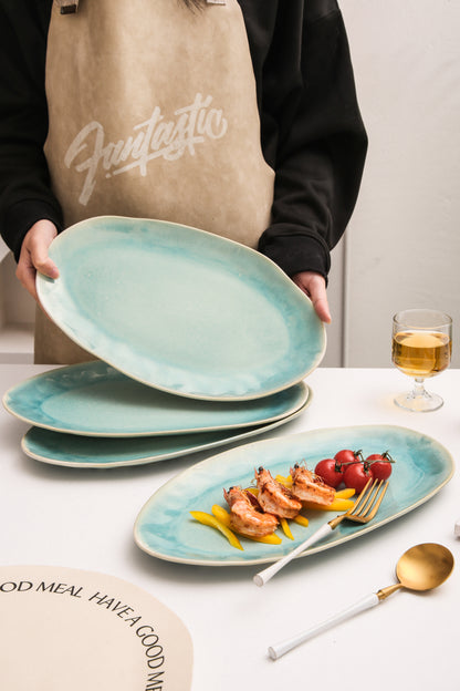 3-Piece Stoneware Serving Platter Set in Aqua Blue