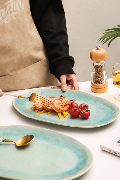 3-Piece Stoneware Serving Platter Set in Aqua Blue