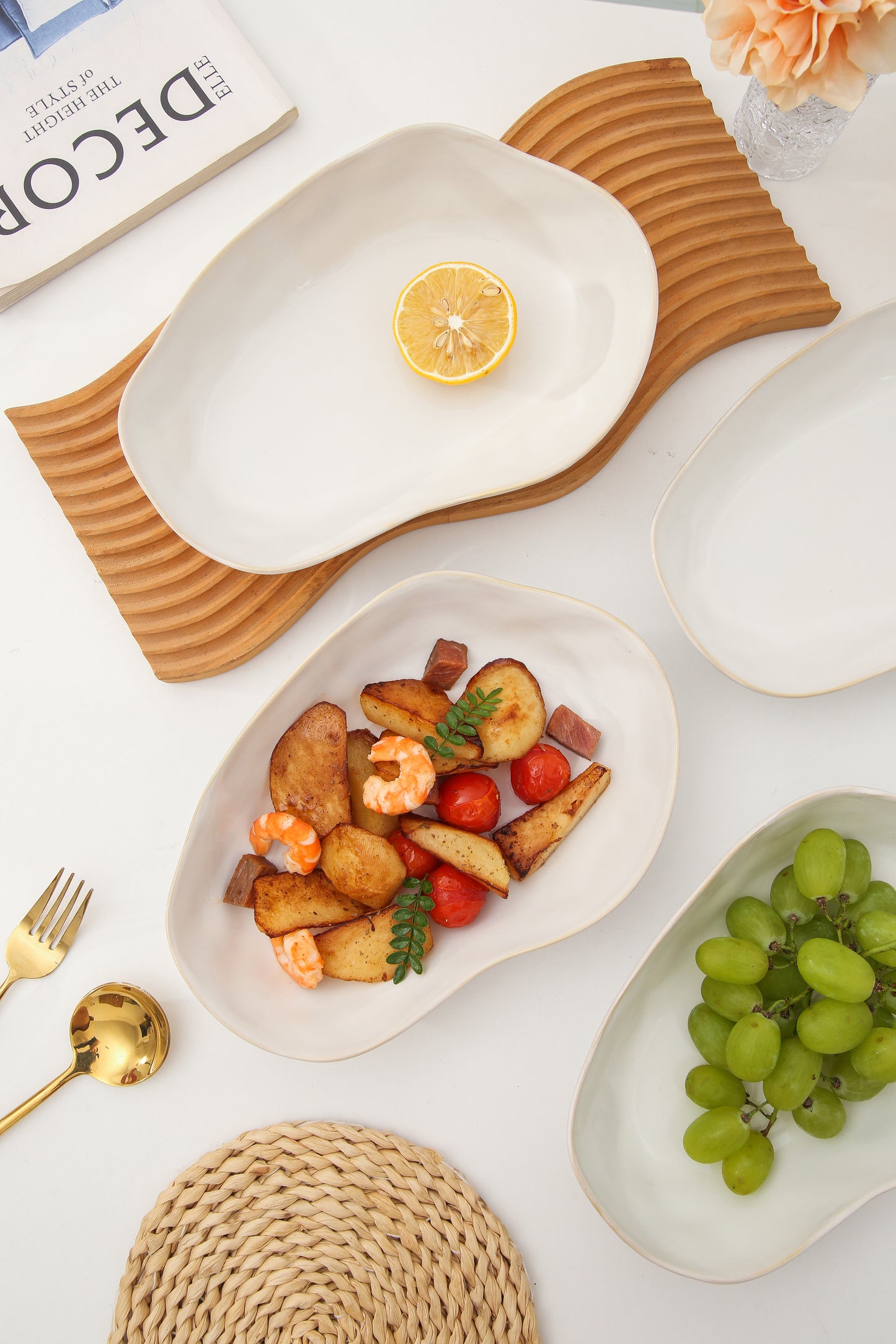 4 pcs Stoneform Oval Plate-Pearl White