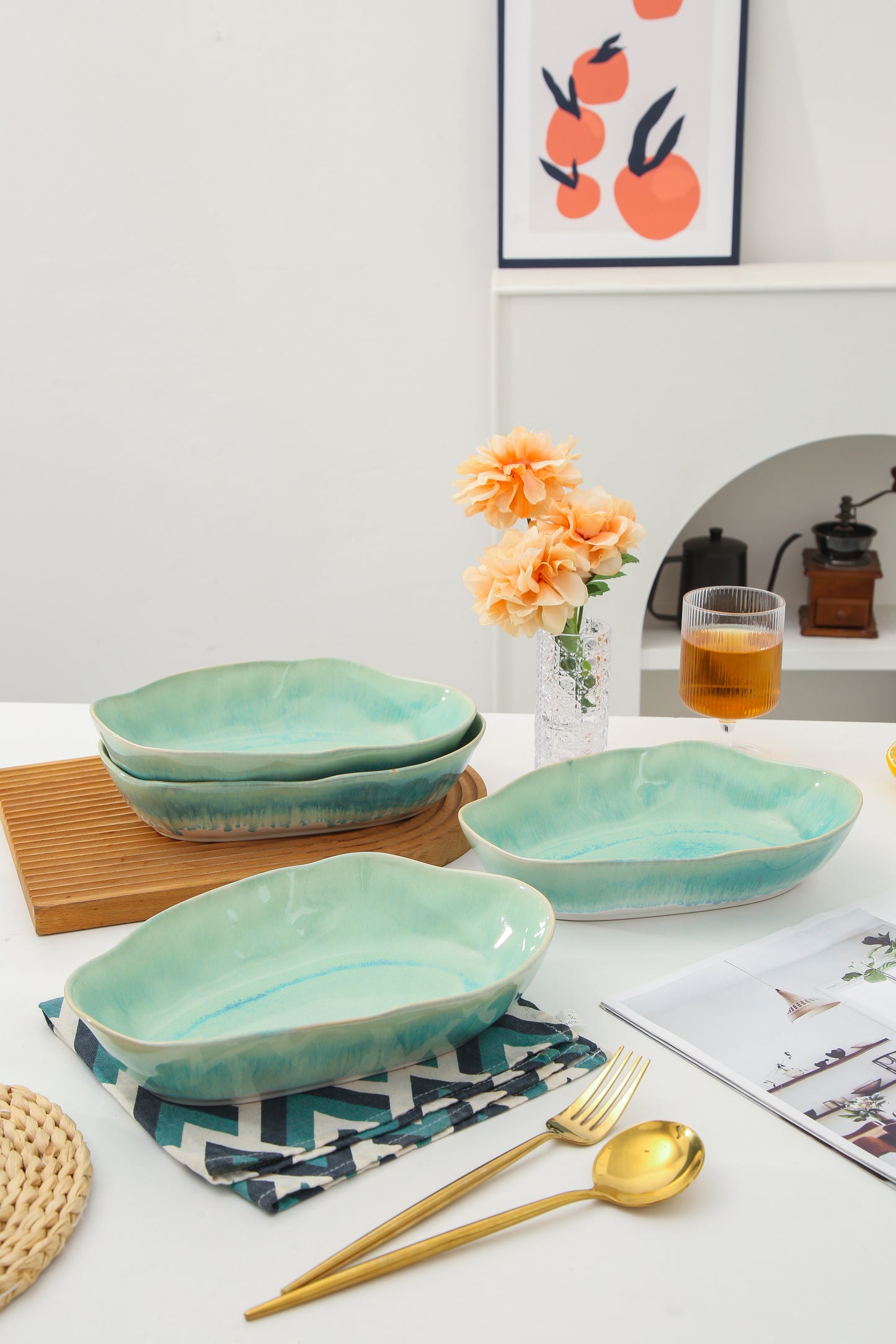 4 pcs Stoneform Oval Plate-Aqua Blue