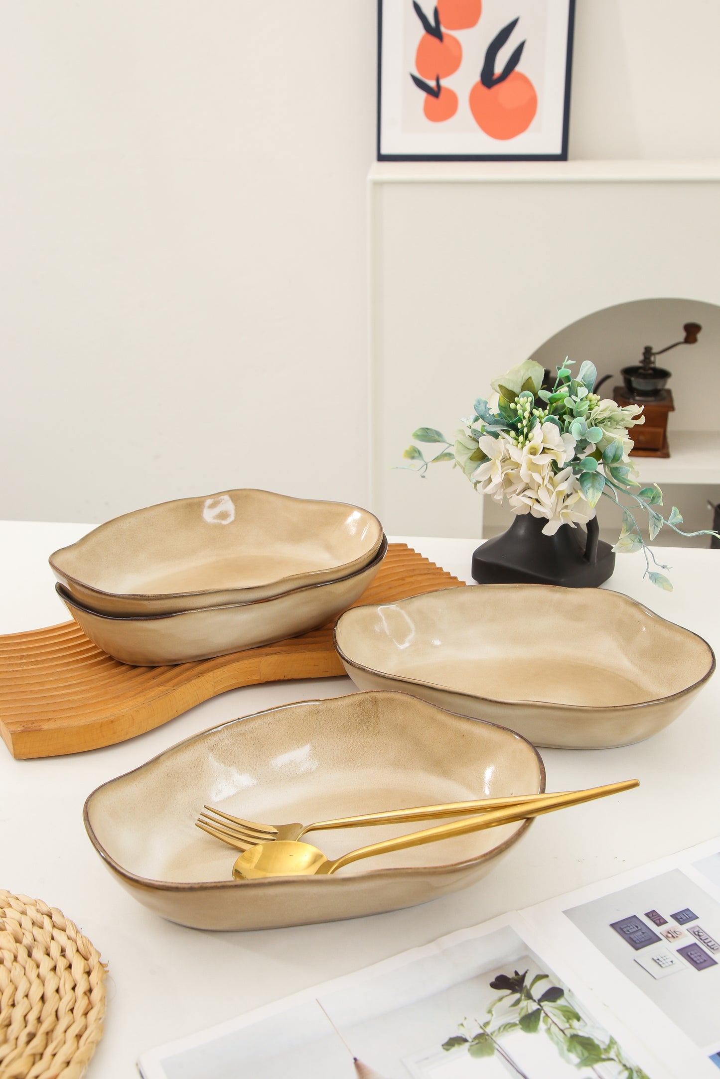 4 pcs Stoneform Oval Plate-Crema