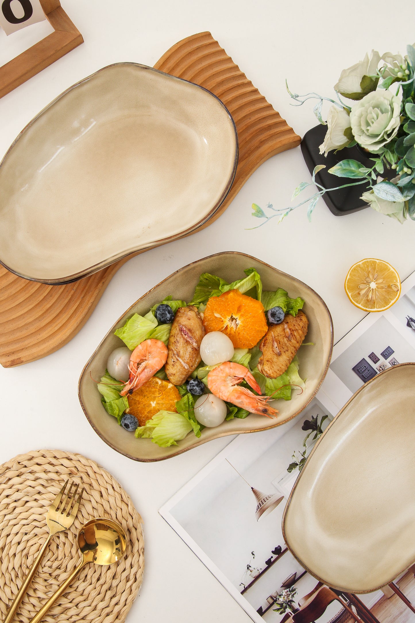 4 pcs Stoneform Oval Plate-Crema