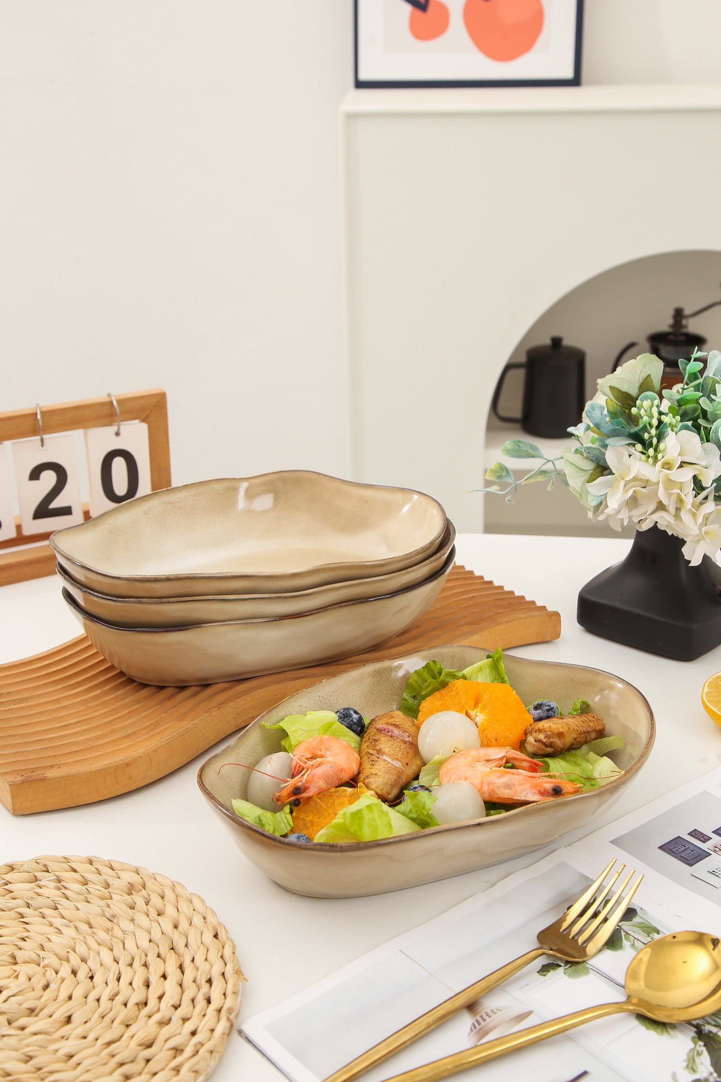 4 pcs Stoneform Oval Plate-Crema