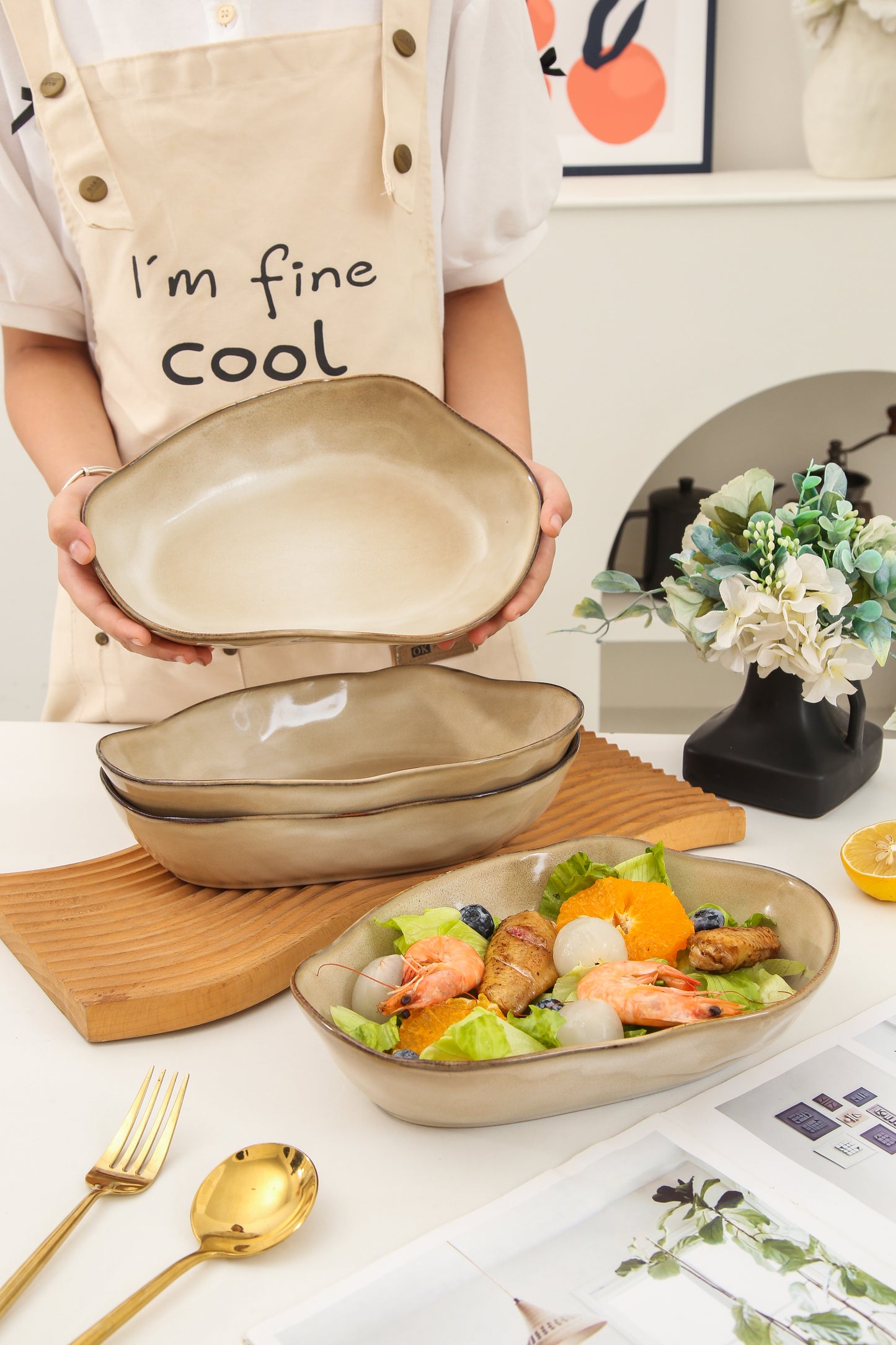 4 pcs Stoneform Oval Plate-Crema