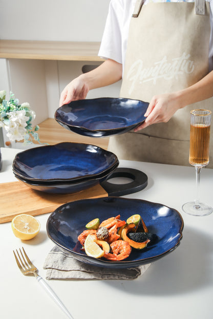 4-Piece Stoneware Deep Plate Set in Ocean Blue