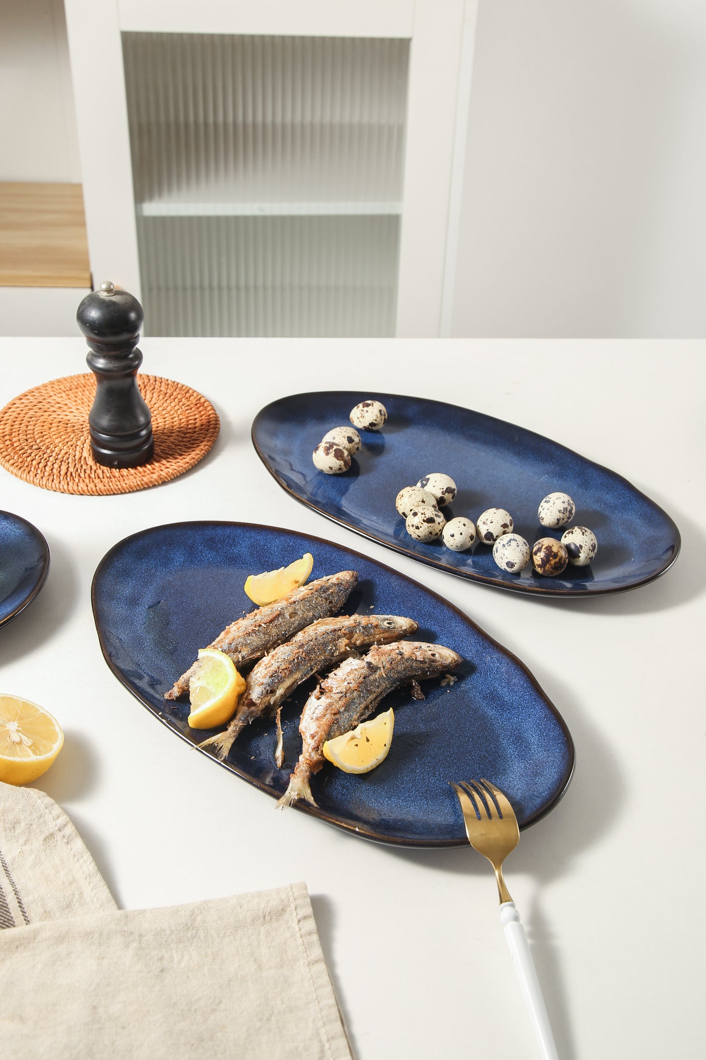 3-Piece Stoneware Serving Platter Set in Ocean Blue