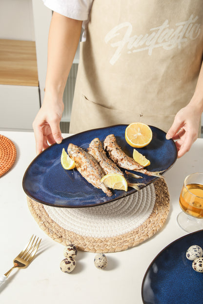 3-Piece Stoneware Serving Platter Set in Ocean Blue