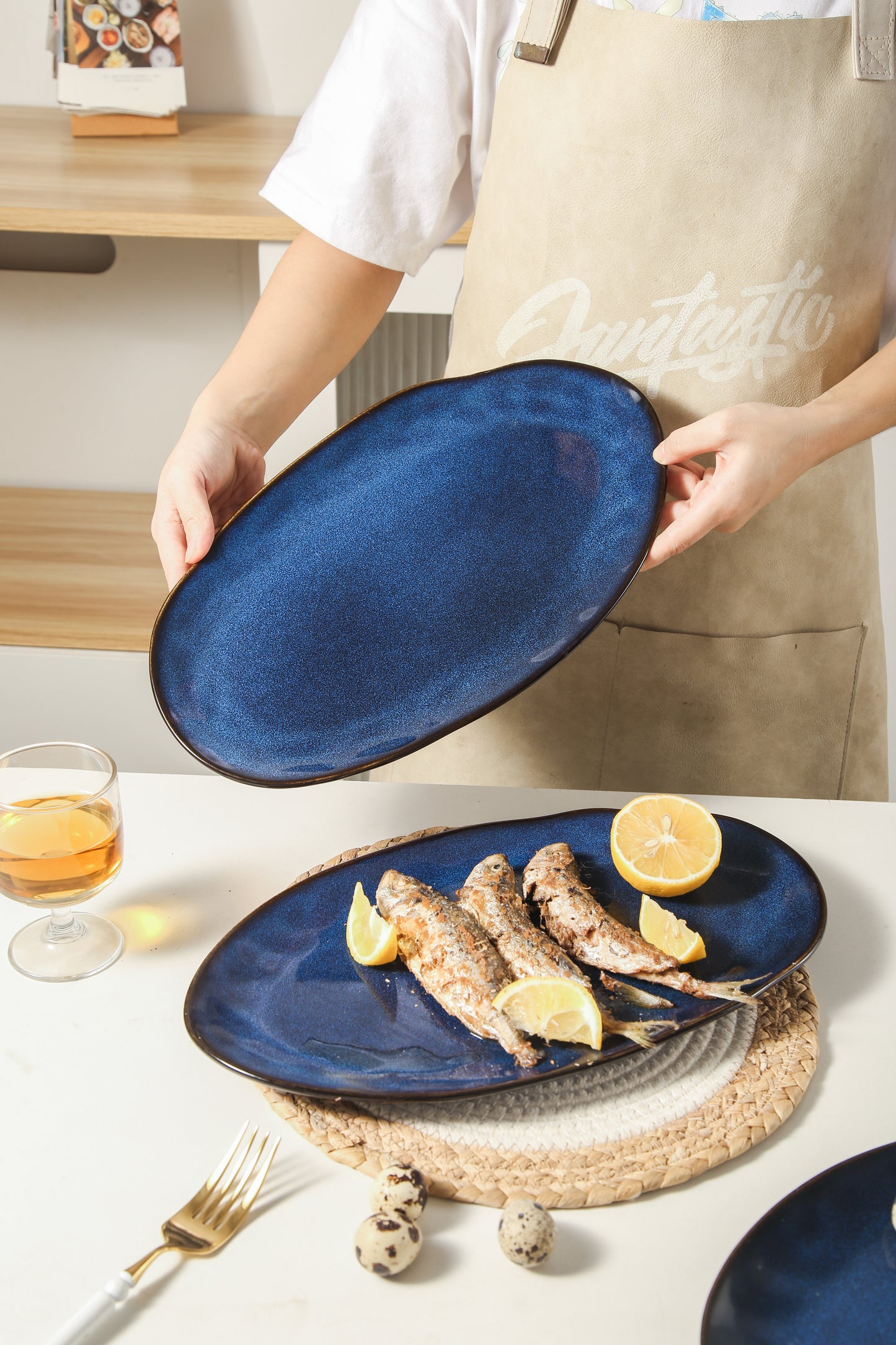 3-Piece Stoneware Serving Platter Set in Ocean Blue