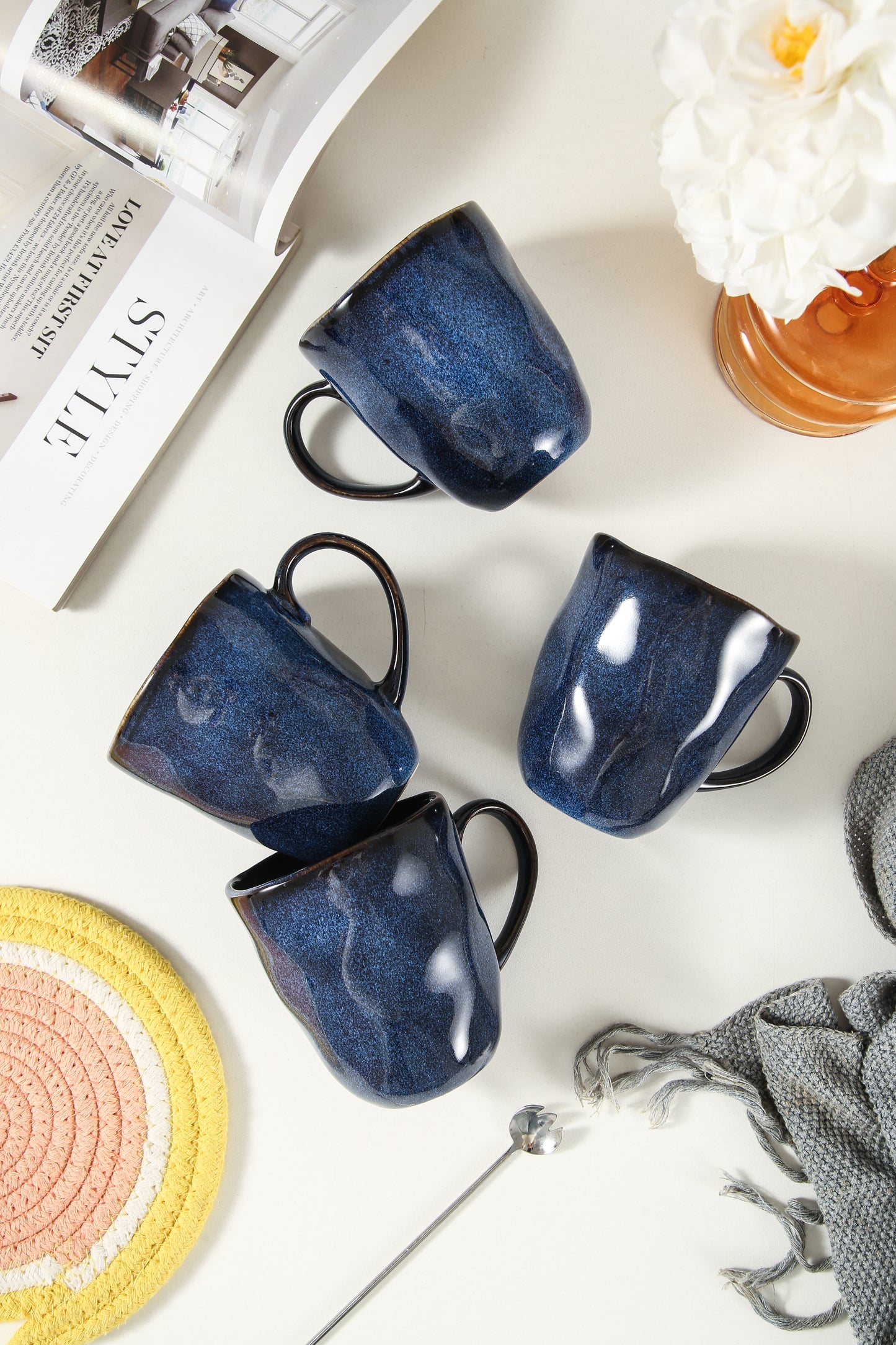 4-Piece Stoneware Mug Set in Ocean Blue