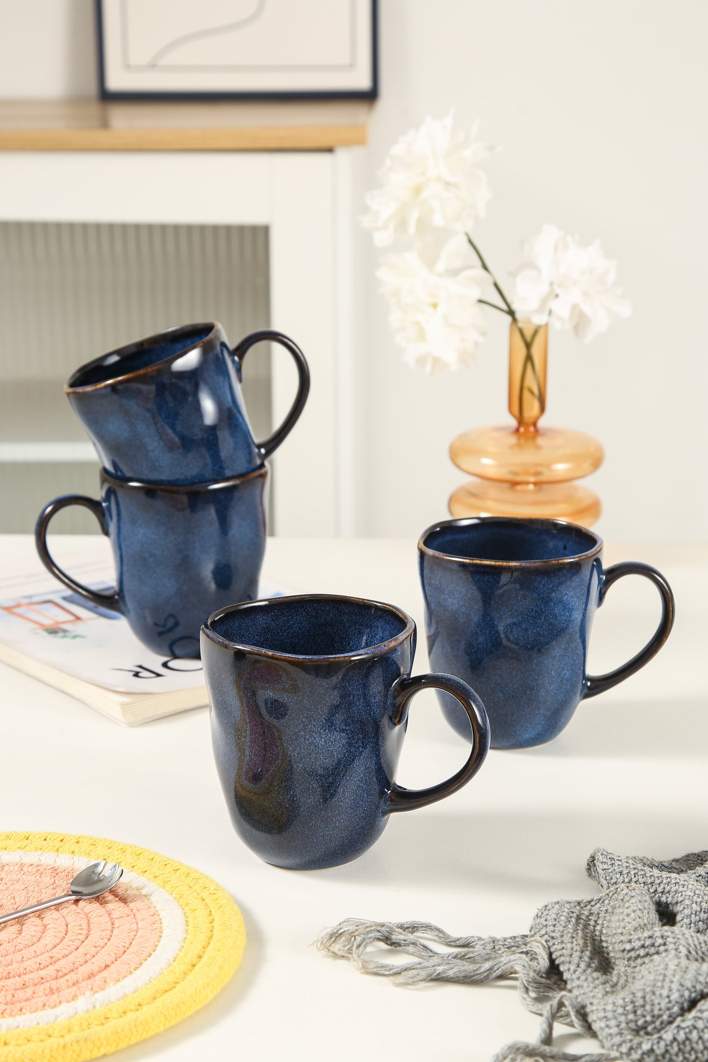 4-Piece Stoneware Mug Set in Ocean Blue