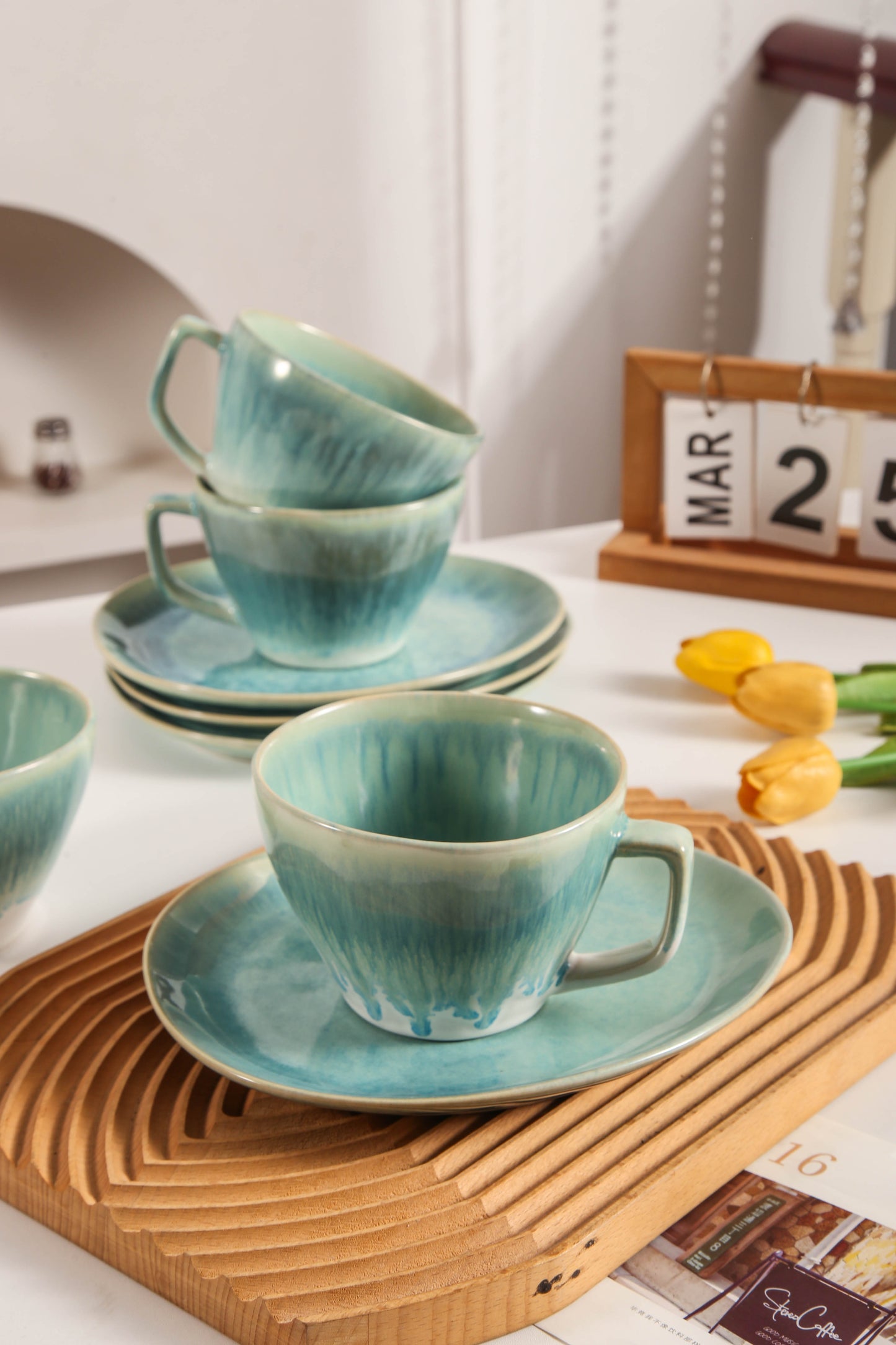 8-Piece Large Cup & Saucer Set-Aqua Blue