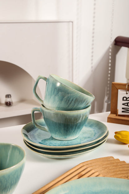8-Piece Large Cup & Saucer Set-Aqua Blue