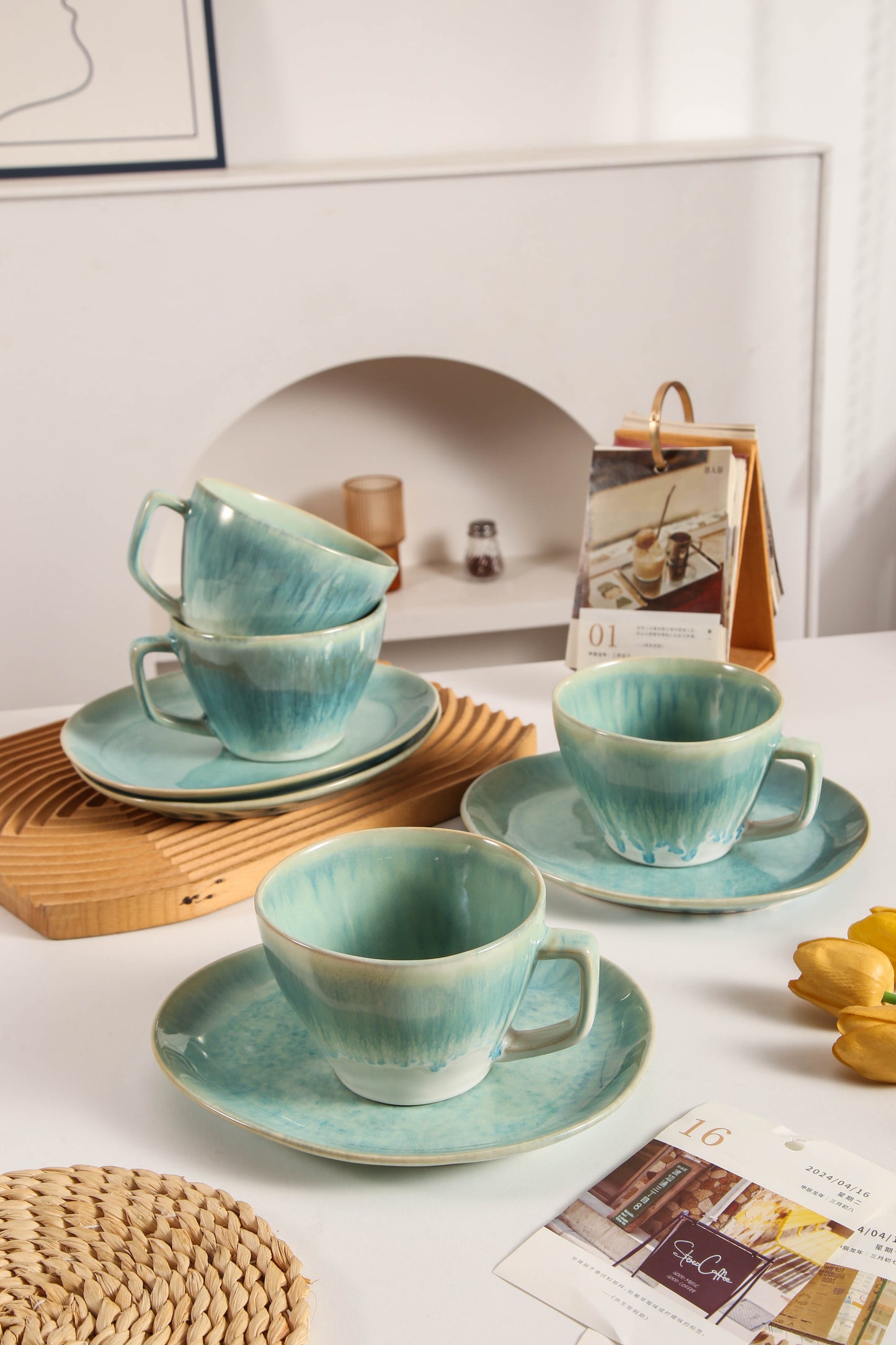 8-Piece Large Cup & Saucer Set-Aqua Blue