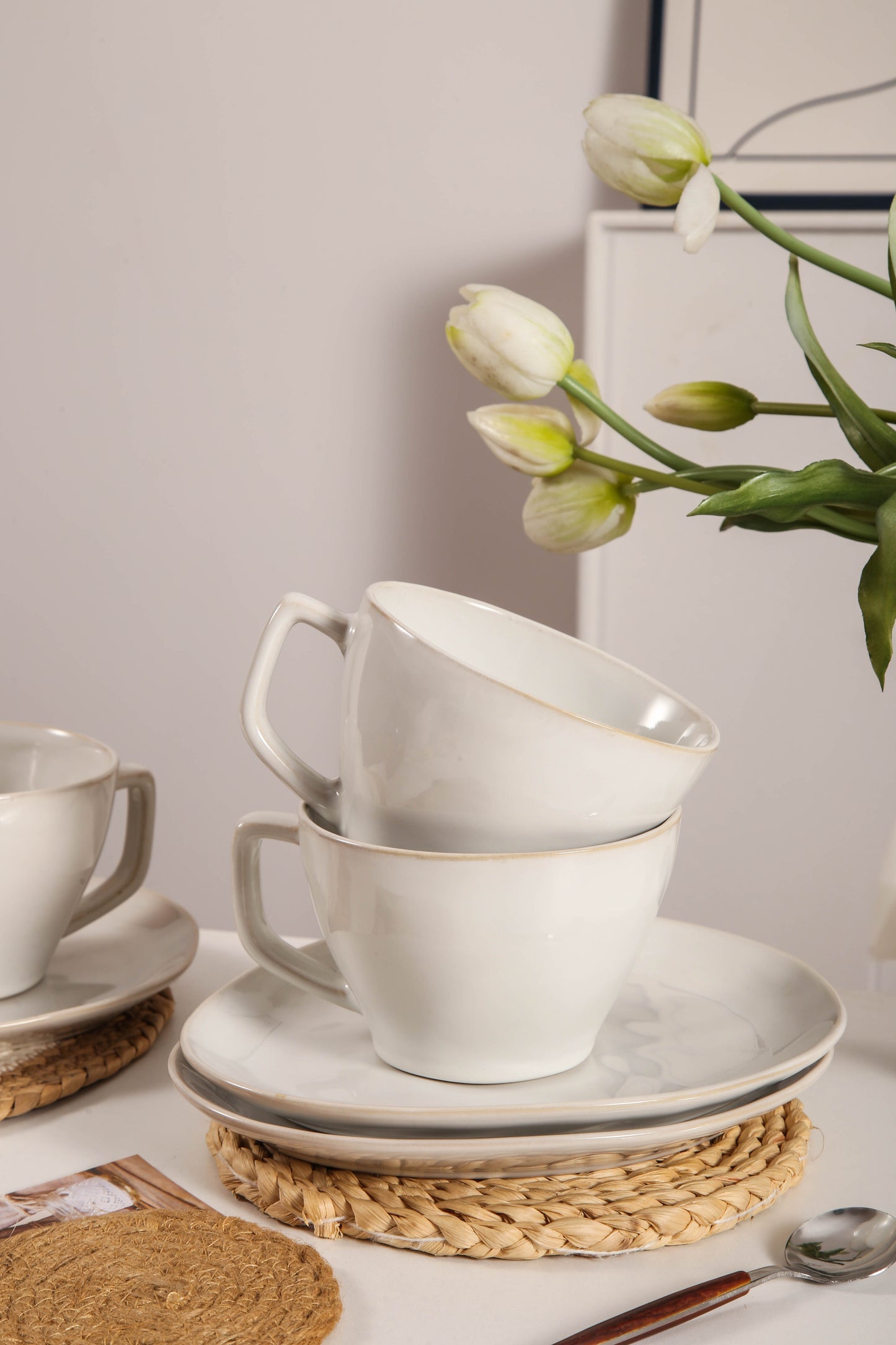 8-Piece Large Cup & Saucer Set-Pearl White