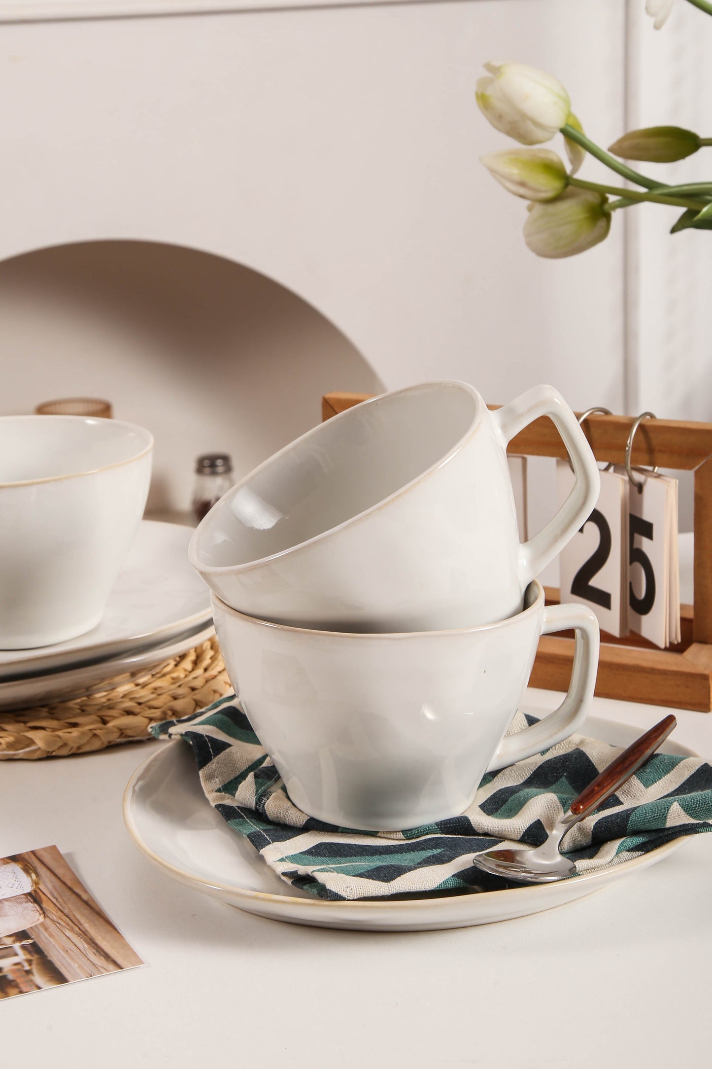 8-Piece Large Cup & Saucer Set-Pearl White