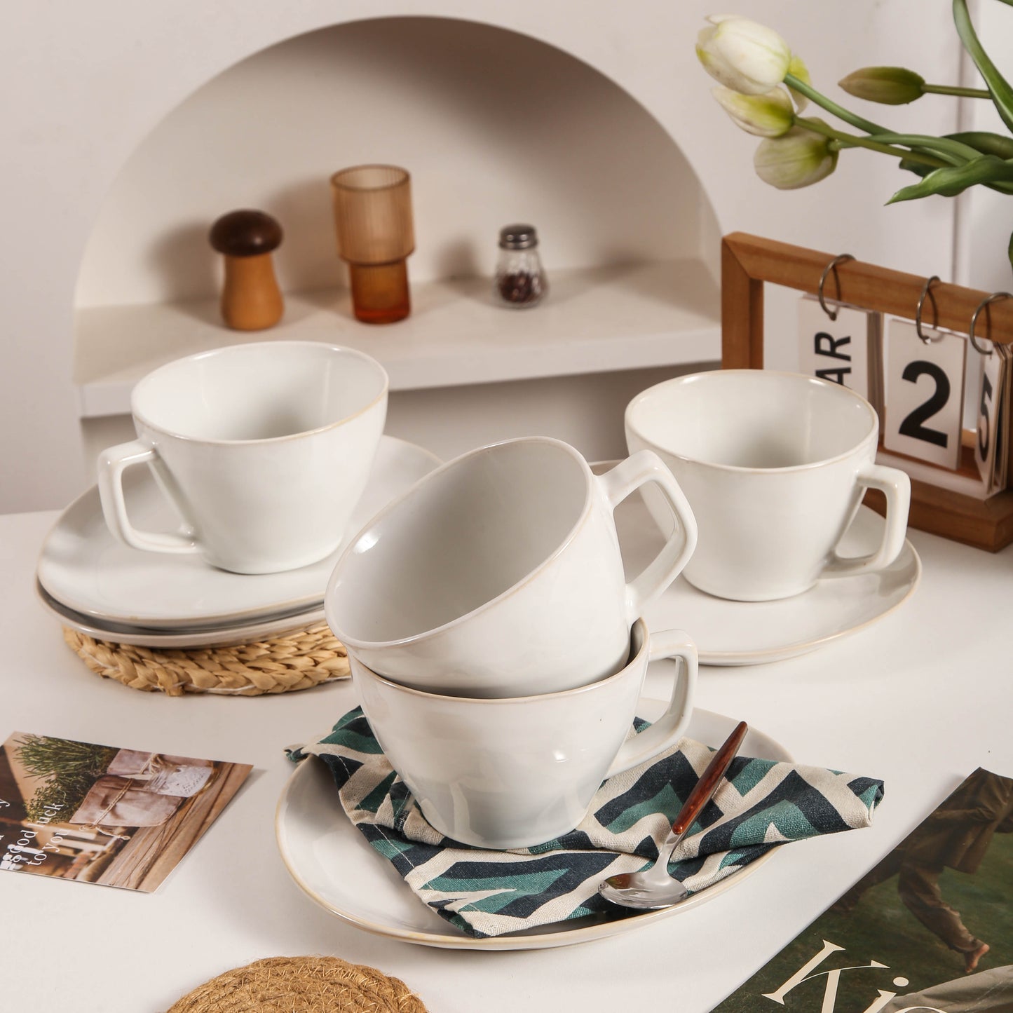 8-Piece Large Cup & Saucer Set-Pearl White