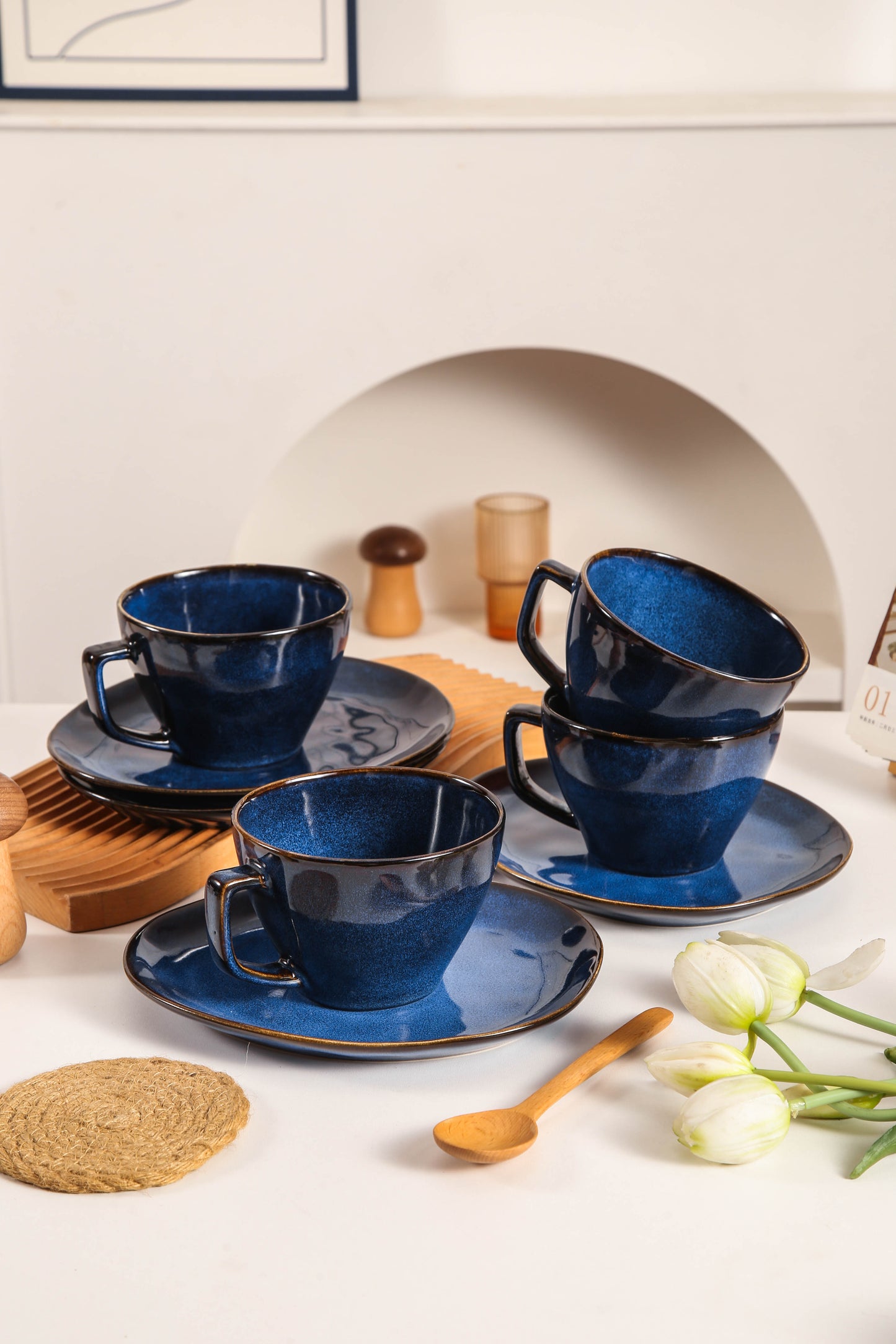 8-Piece Large Cup & Saucer Set-Ocean Blue