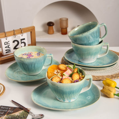 8-Piece Large Cup & Saucer Set-Aqua Blue