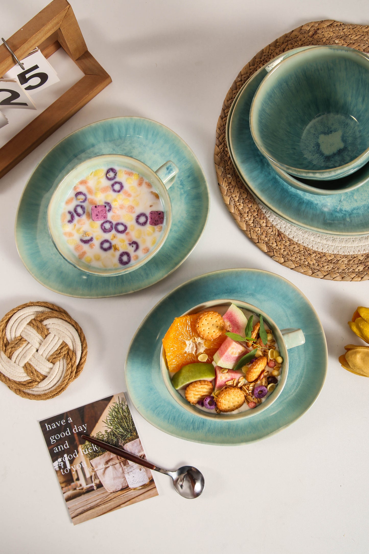 8-Piece Large Cup & Saucer Set-Aqua Blue